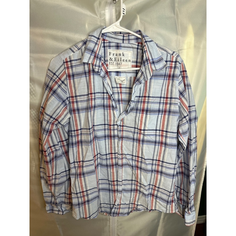 Frank & Eileen Barry Blue Red Plaid Button Down Shirt Woven in Italy Mens L